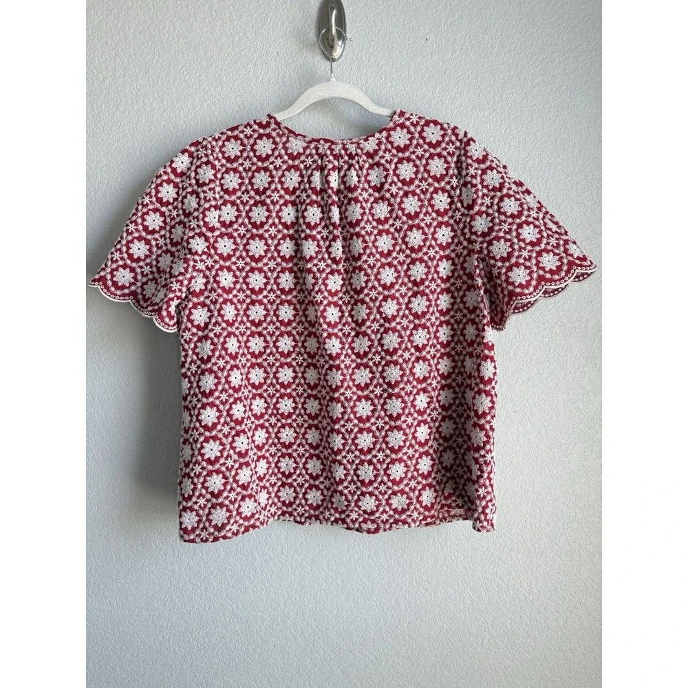LOFT Floral Eyelet Lace Red Blouse Puff Sleeve Scallop Cottagecore Coquette XL